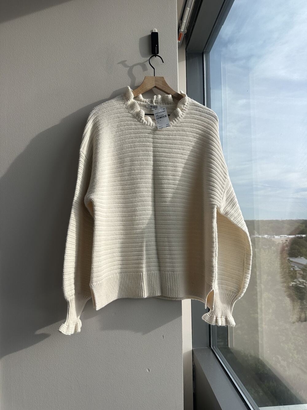 Madewell Cream Ruffle Neck Cotton Merino Pullover Knit Sweater Women's XXL NWT